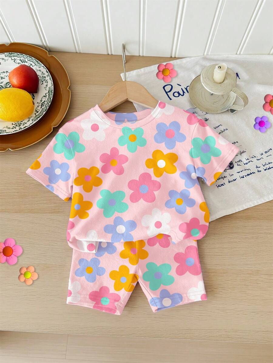 Cute Short Sleeve Clothing Set For Little Girls Flower Print Leggings Style