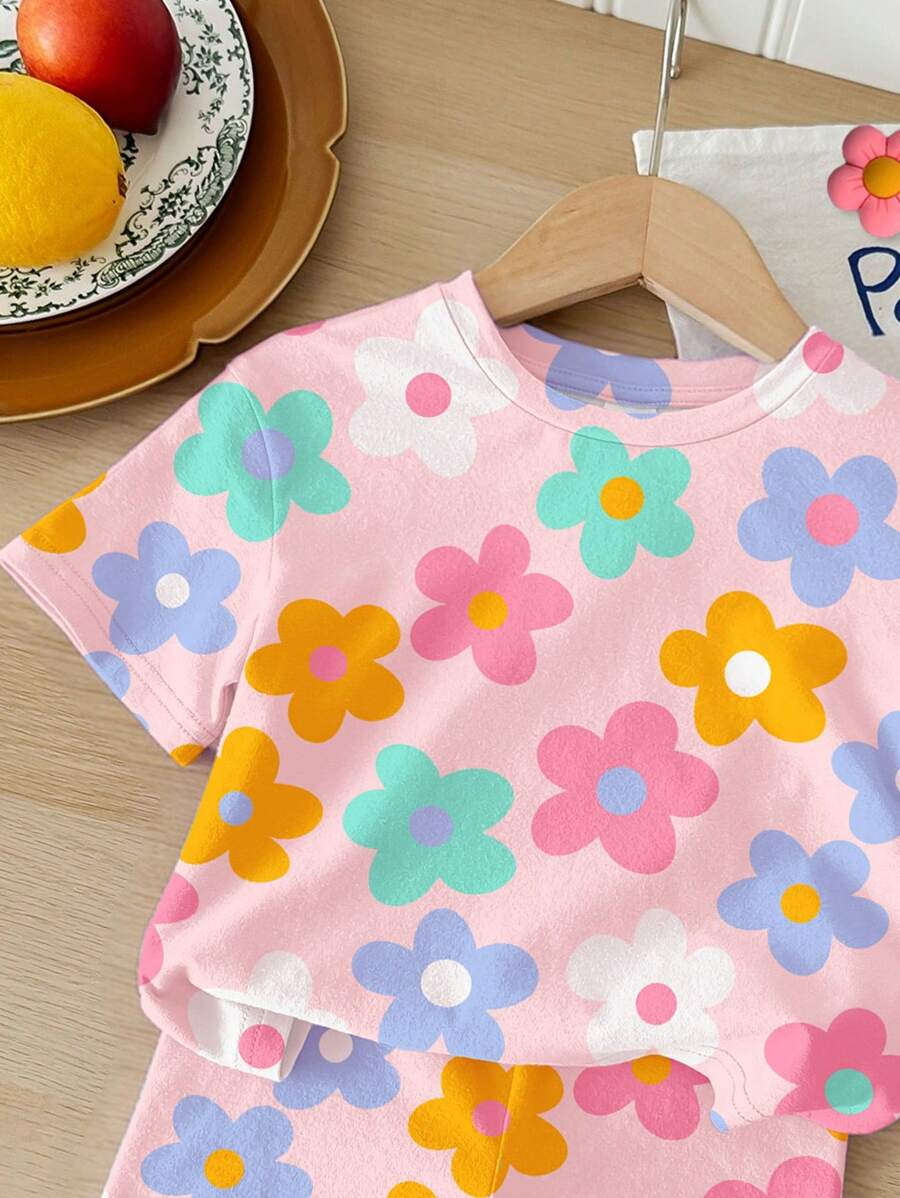 Cute Short Sleeve Clothing Set For Little Girls Flower Print Leggings Style