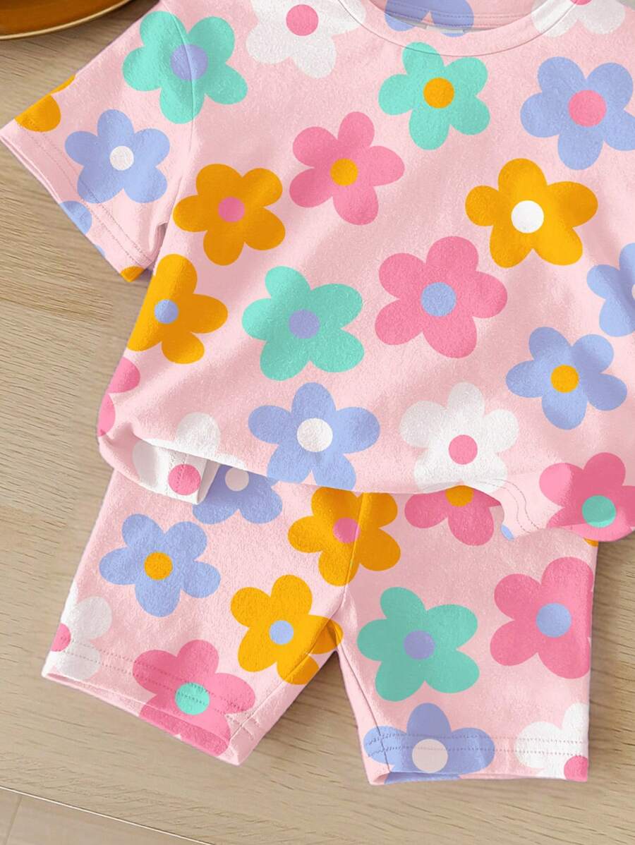Cute Short Sleeve Clothing Set For Little Girls Flower Print Leggings Style