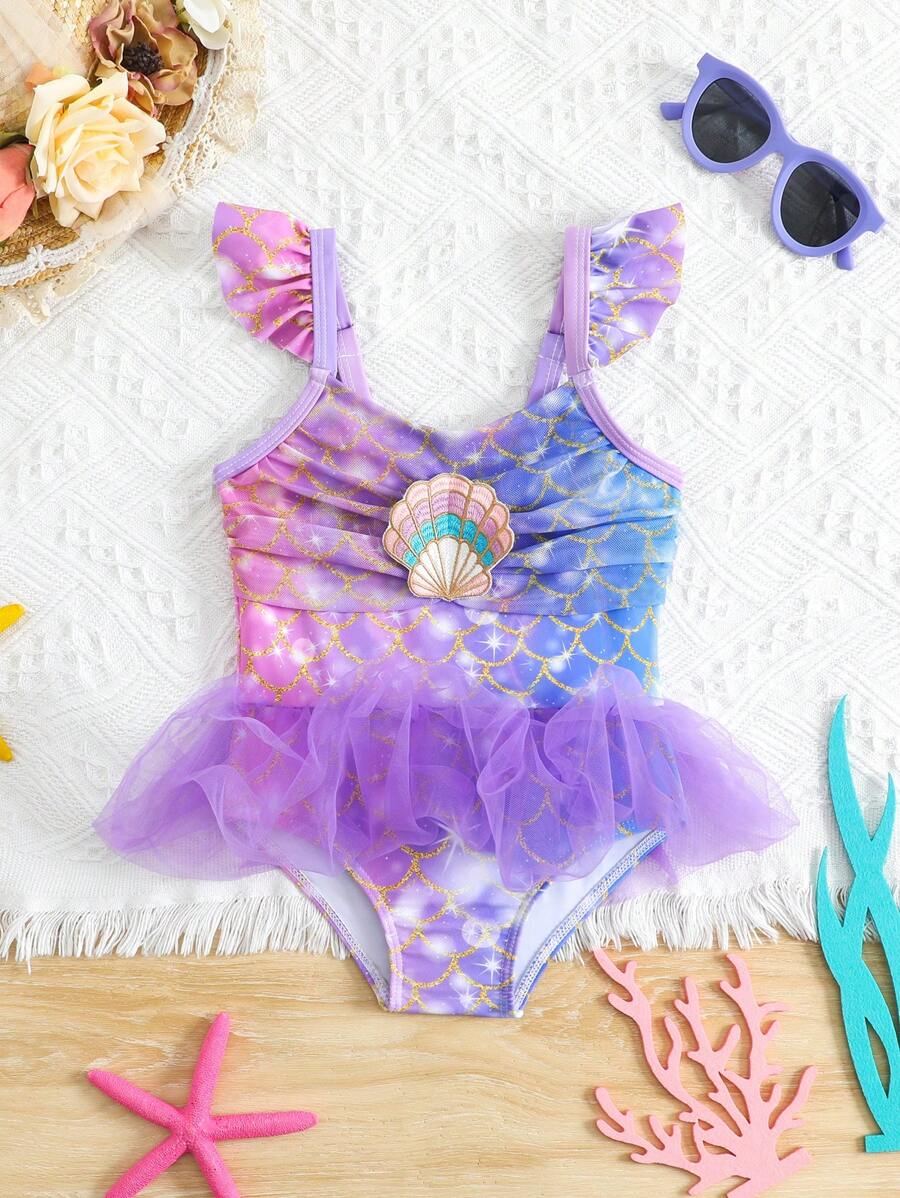 Baby Girls Mermaid Fish Scale One Piece Swimsuit Cute Ocean Princess Beachwear
