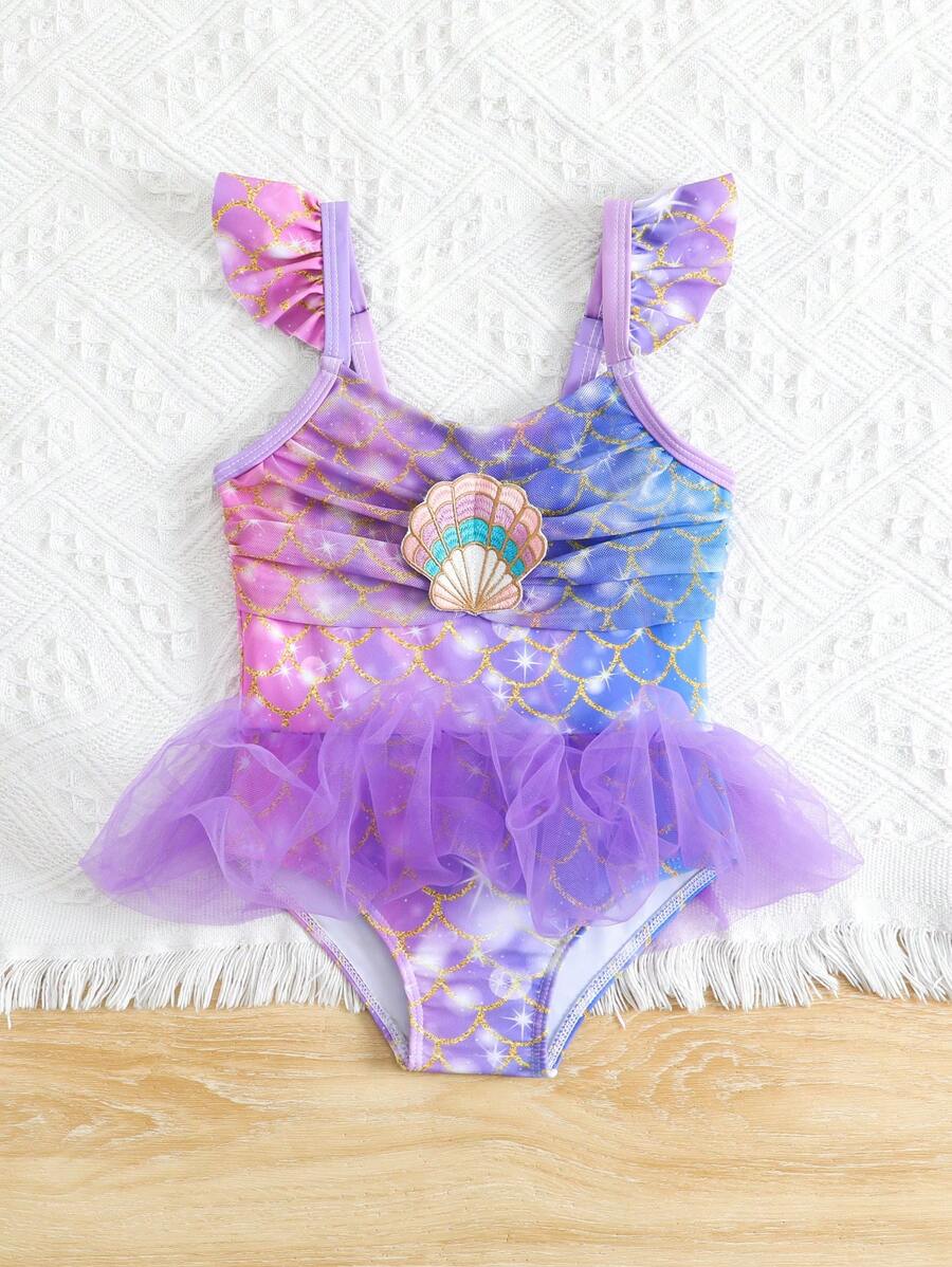 Baby Girls Mermaid Fish Scale One Piece Swimsuit Cute Ocean Princess Beachwear