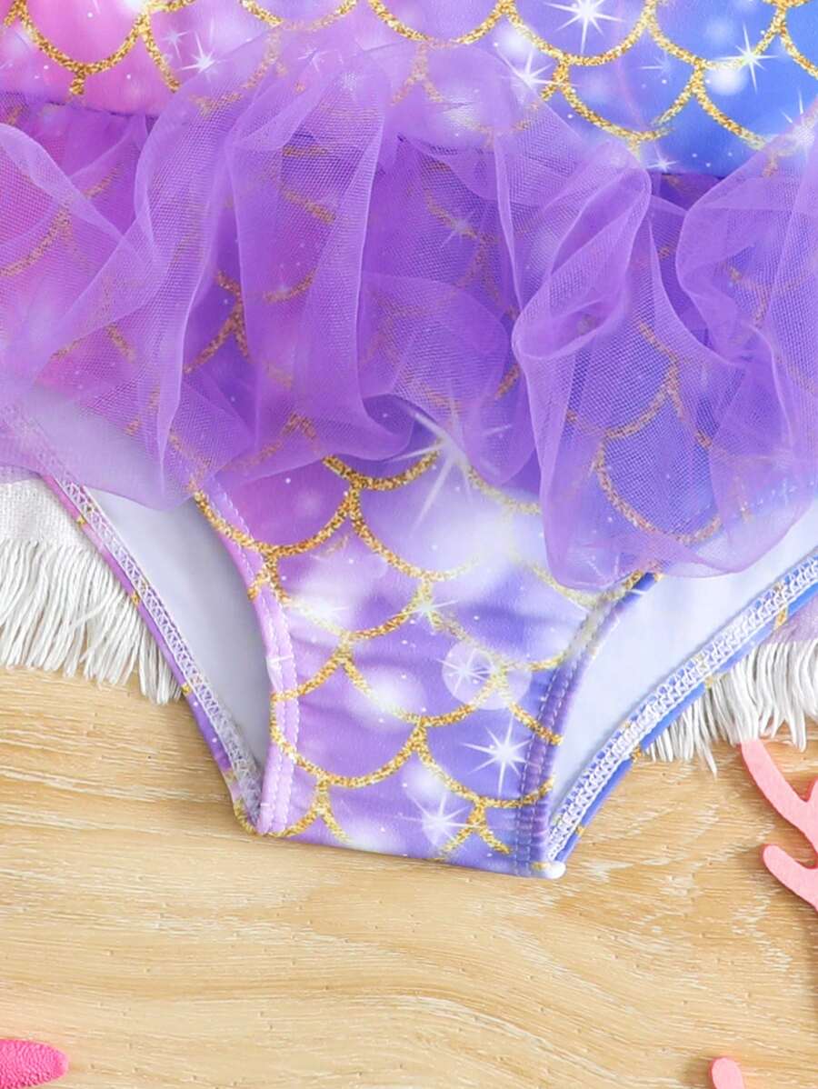 Baby Girls Mermaid Fish Scale One Piece Swimsuit Cute Ocean Princess Beachwear