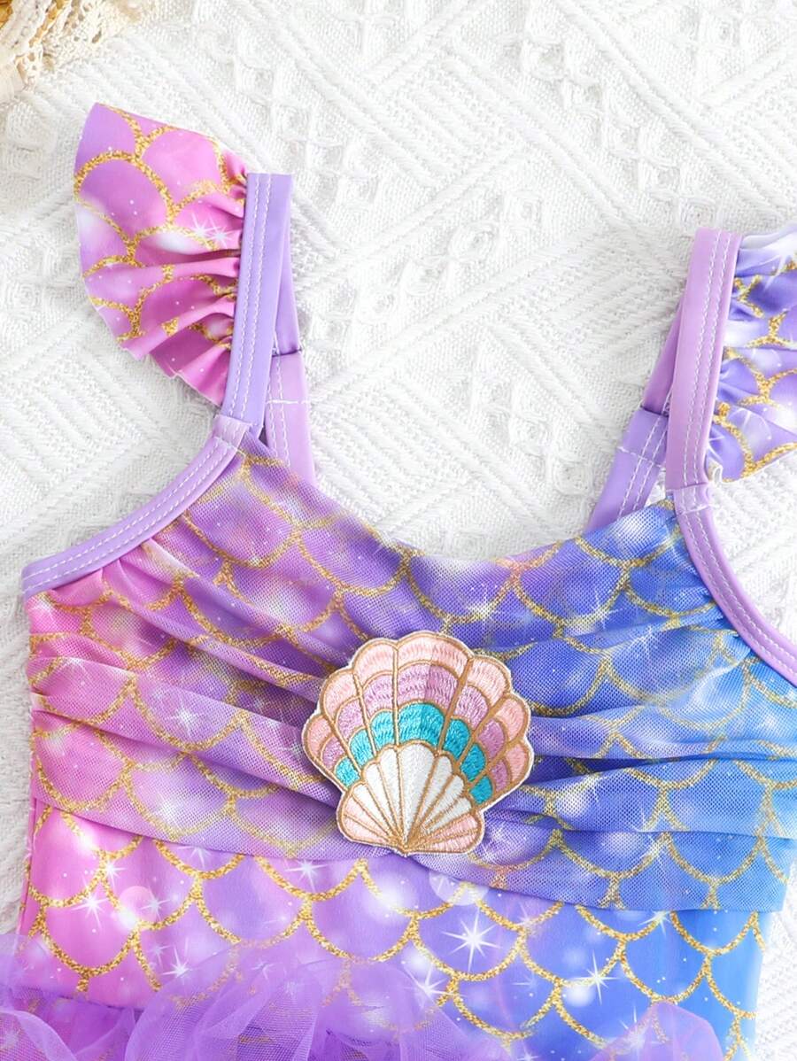 Baby Girls Mermaid Fish Scale One Piece Swimsuit Cute Ocean Princess Beachwear