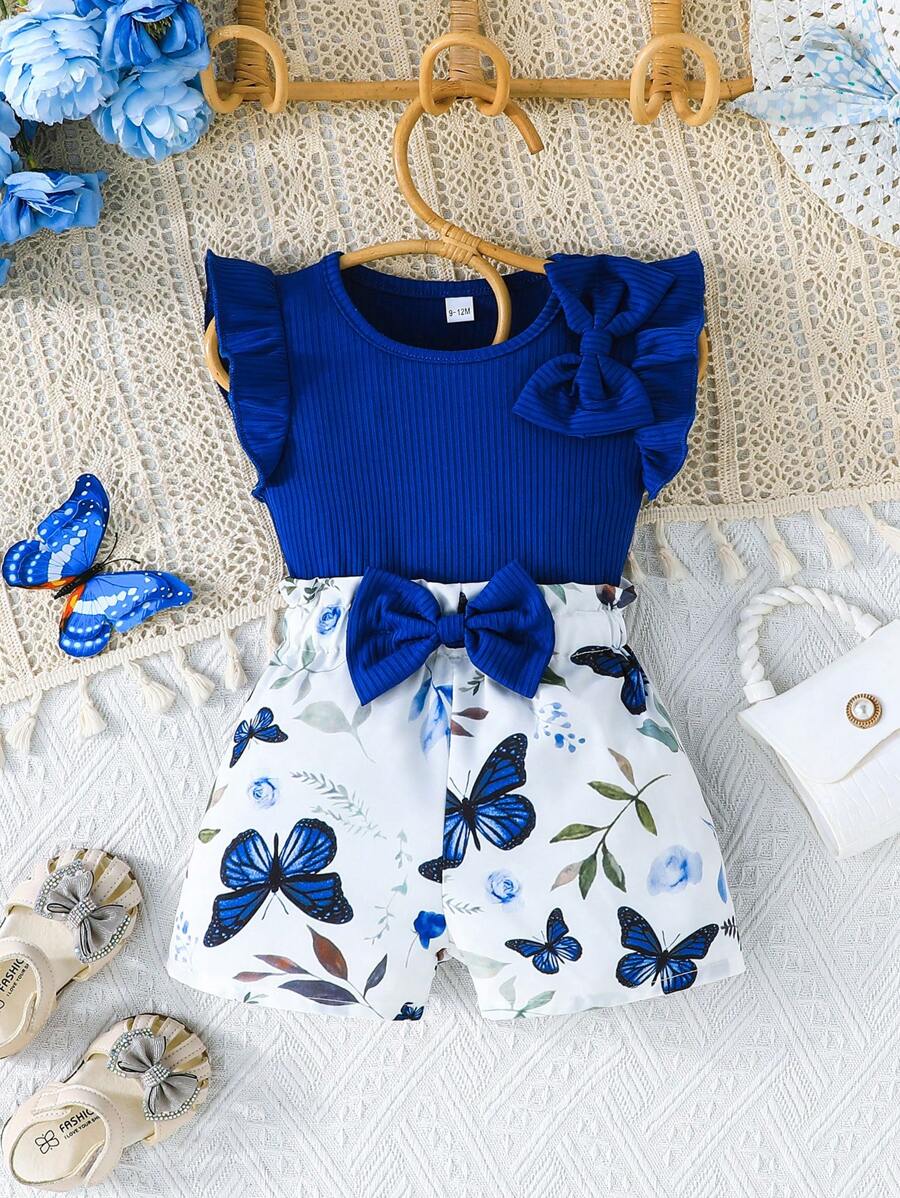 Infant Girls Cap Sleeve Bow Top with Butterfly Print Shorts Summer Set