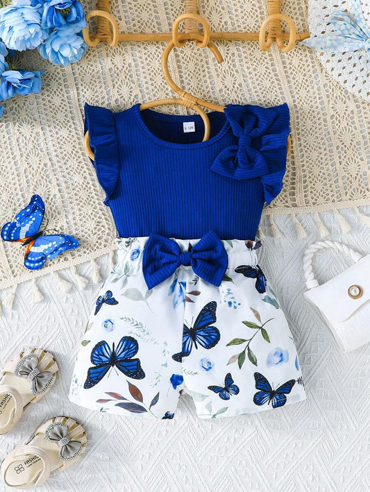 Infant Girls Cap Sleeve Bow Top with Butterfly Print Shorts Summer Set