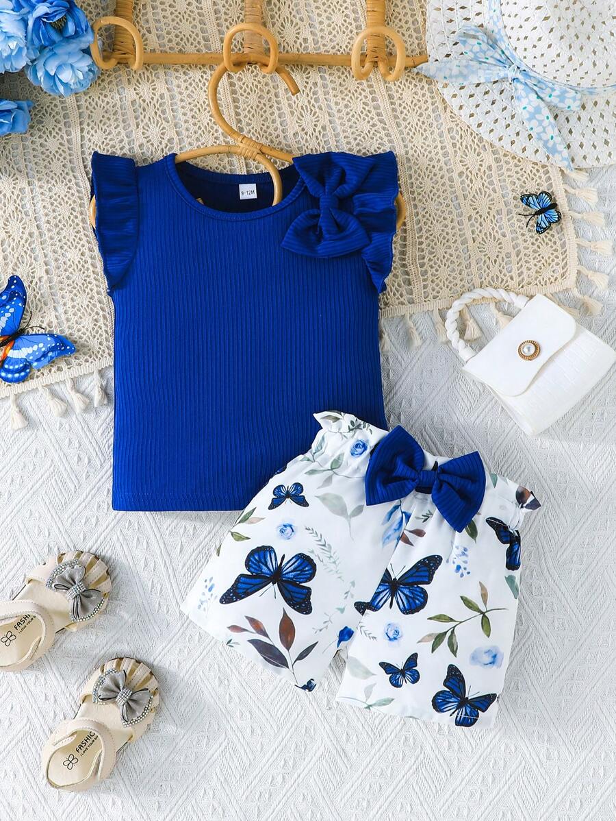 Infant Girls Cap Sleeve Bow Top with Butterfly Print Shorts Summer Set