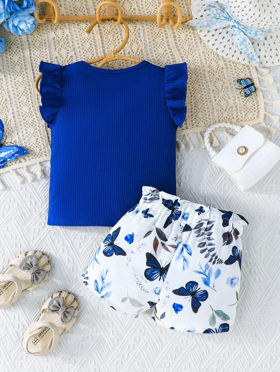 Infant Girls Cap Sleeve Bow Top with Butterfly Print Shorts Summer Set
