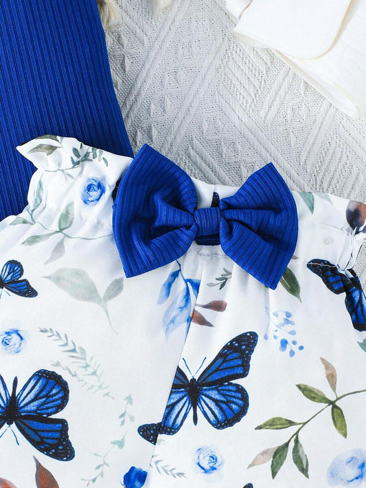 Infant Girls Cap Sleeve Bow Top with Butterfly Print Shorts Summer Set