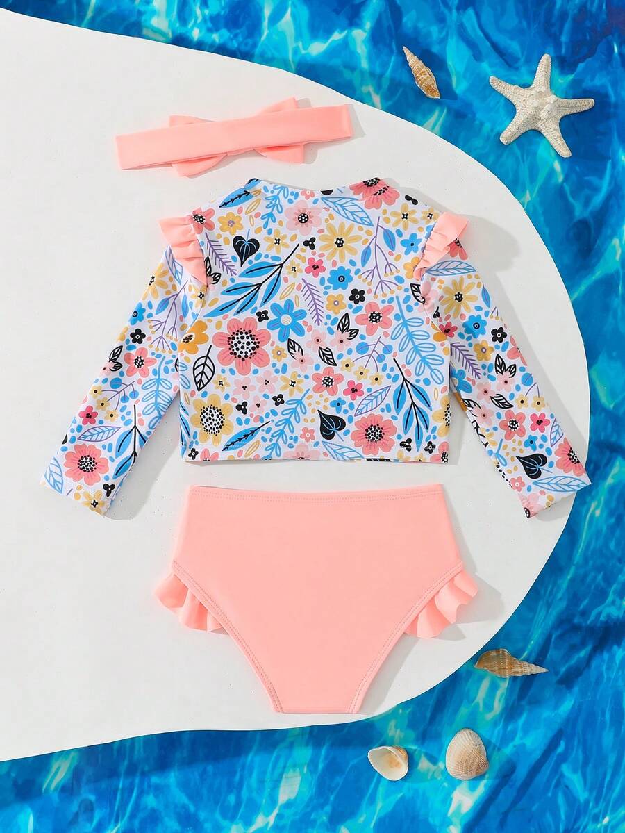 Ruffle Tankini Beachwear For Little Girls With Matching Headband