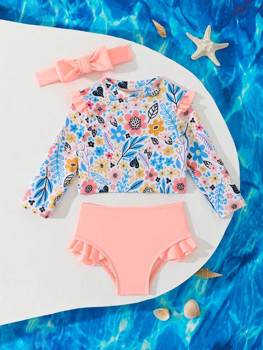 Ruffle Tankini Beachwear For Little Girls With Matching Headband
