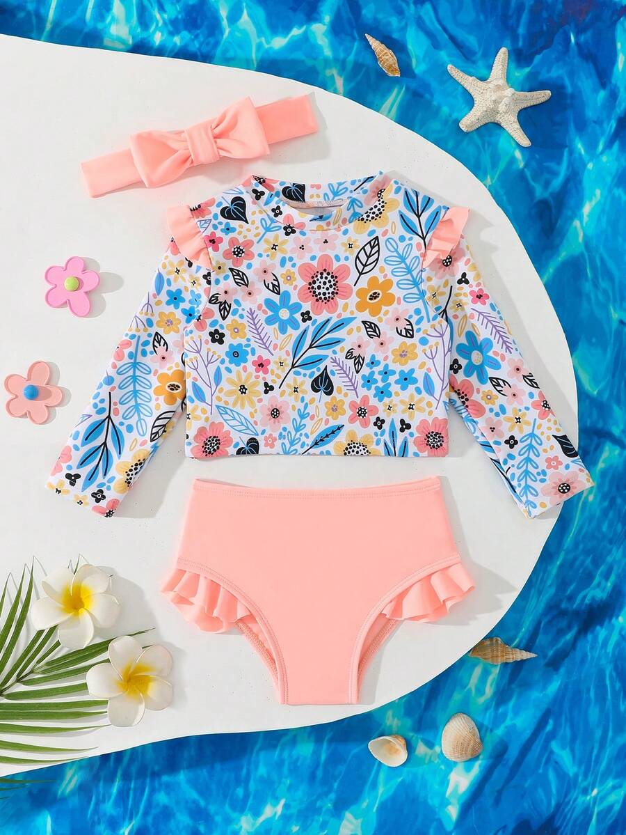 Ruffle Tankini Beachwear For Little Girls With Matching Headband