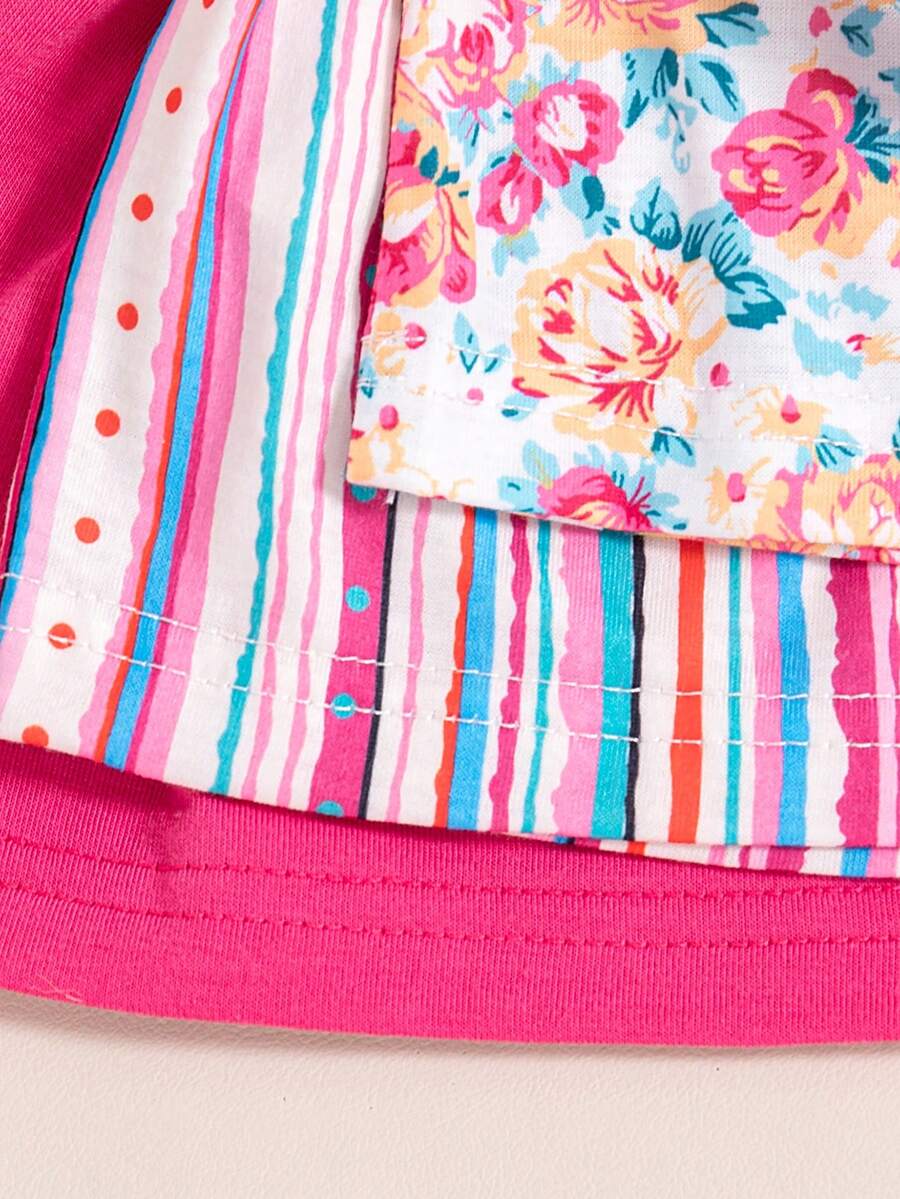 Infant Girls 3-Piece Summer Set: Full Print Floral and Striped Sleeveless Top and Shorts