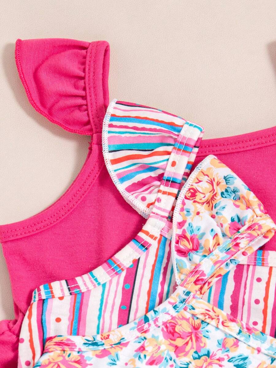 Infant Girls 3-Piece Summer Set: Full Print Floral and Striped Sleeveless Top and Shorts