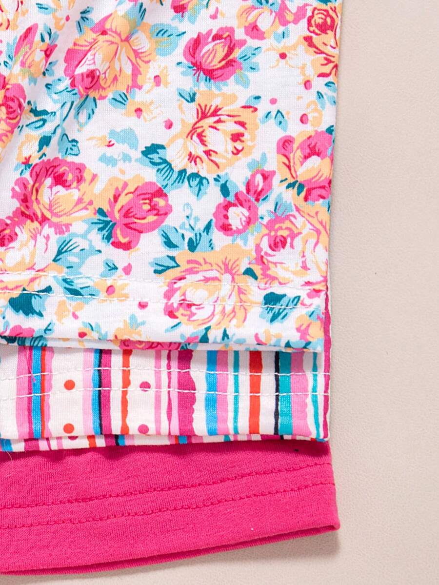 Infant Girls 3-Piece Summer Set: Full Print Floral and Striped Sleeveless Top and Shorts