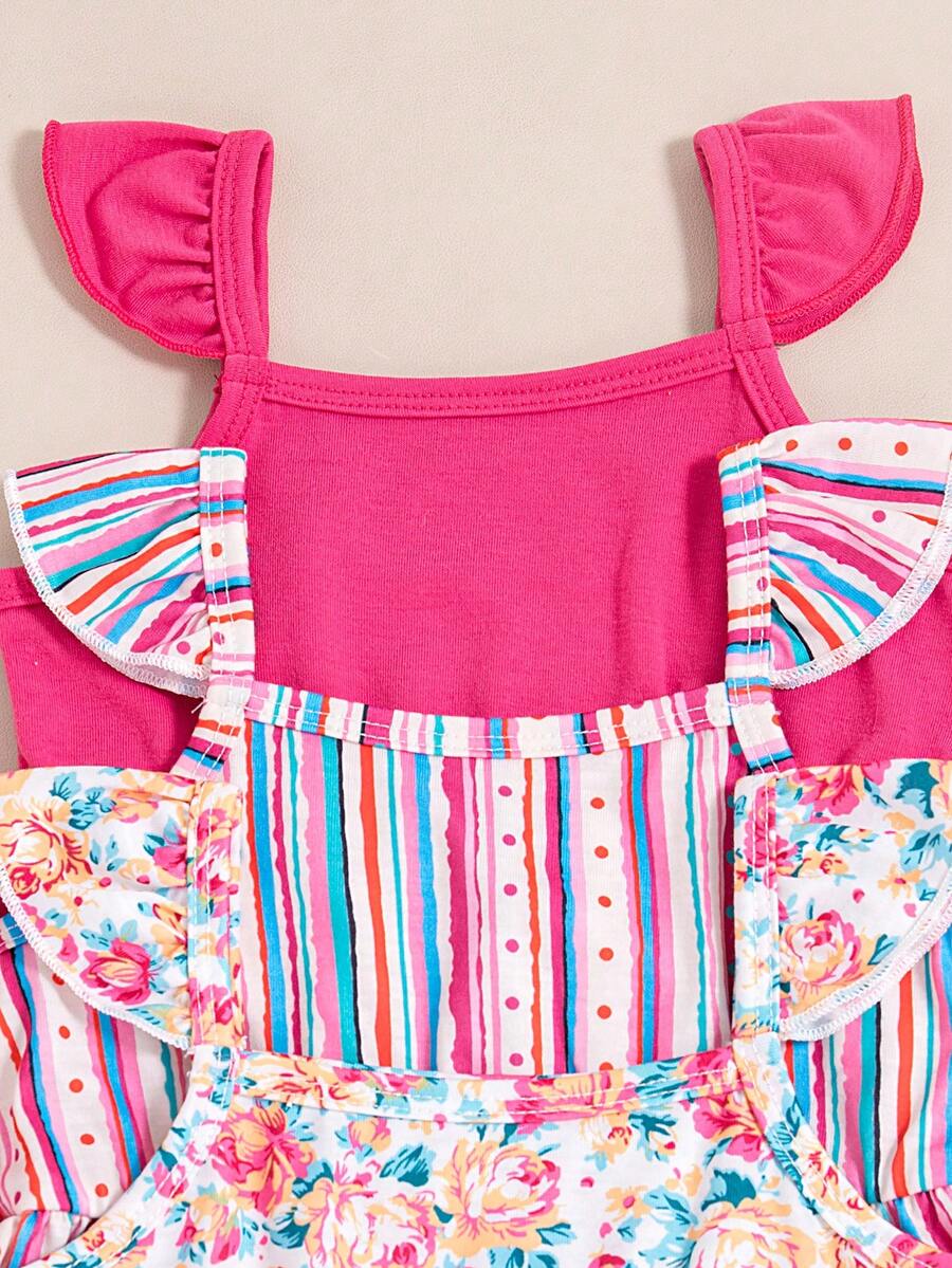 Infant Girls 3-Piece Summer Set: Full Print Floral and Striped Sleeveless Top and Shorts