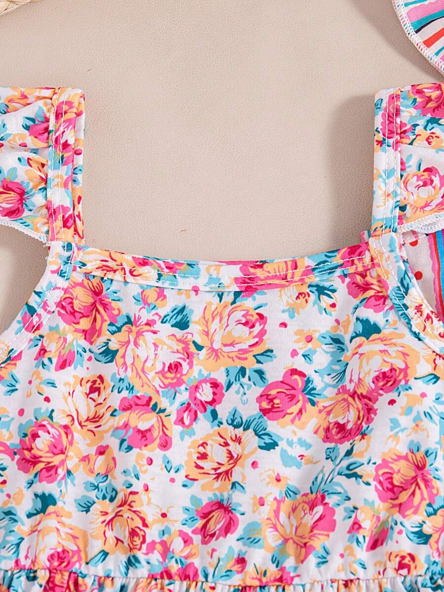 Infant Girls 3-Piece Summer Set: Full Print Floral and Striped Sleeveless Top and Shorts