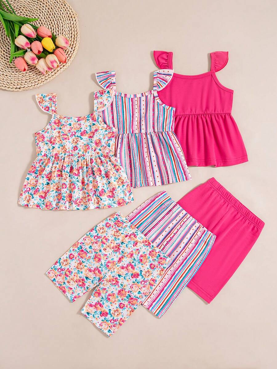 Infant Girls 3-Piece Summer Set: Full Print Floral and Striped Sleeveless Top and Shorts