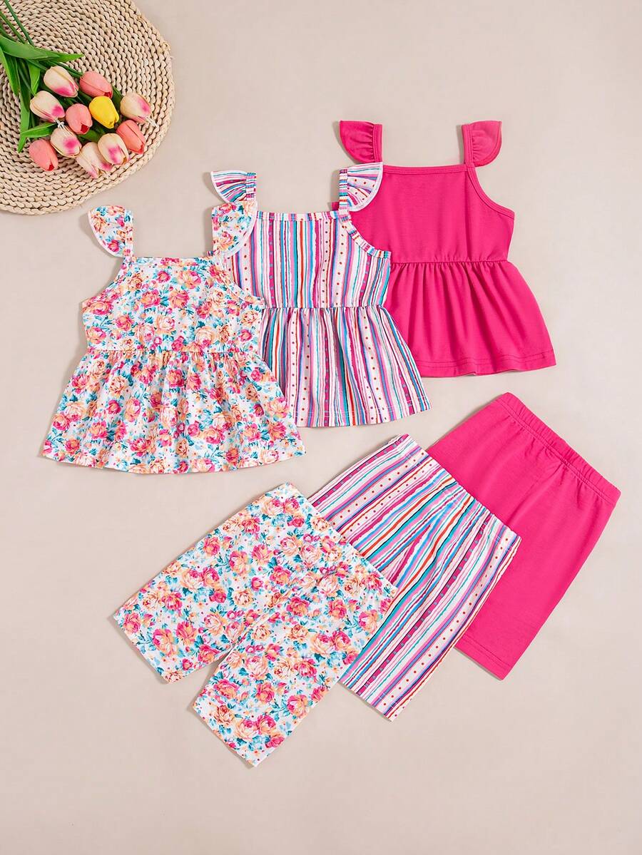 Infant Girls 3-Piece Summer Set: Full Print Floral and Striped Sleeveless Top and Shorts