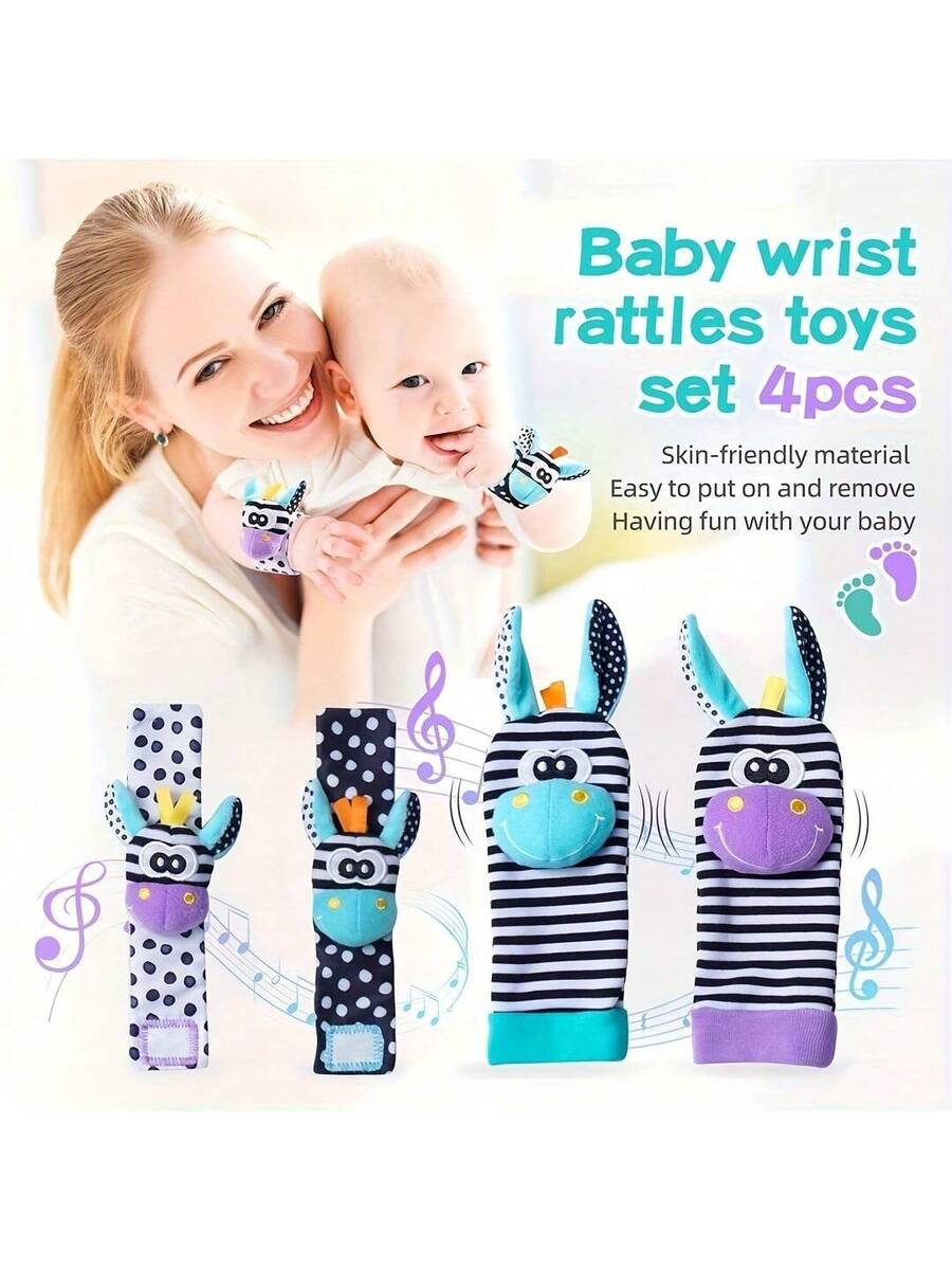 4pcs Baby Wrist Rattle and Foot Finder Toy Set Sensory Teething Toys for Infants Early Learning Gift