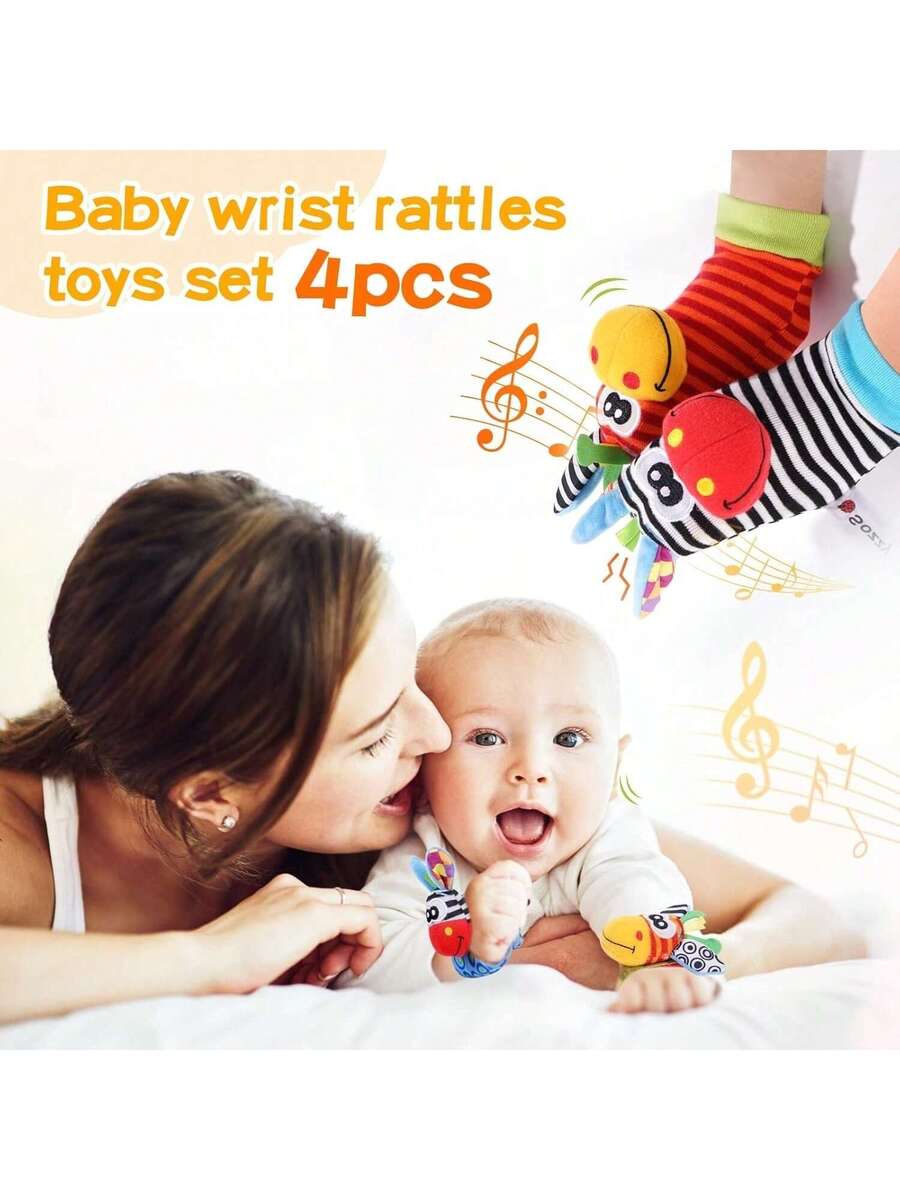 4pcs Baby Wrist Rattle and Foot Finder Toy Set Sensory Teething Toys for Infants Early Learning Gift