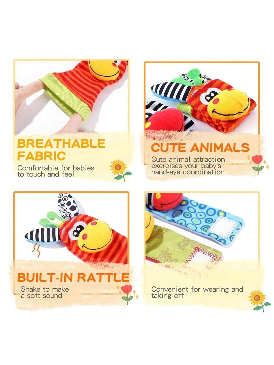 4pcs Baby Wrist Rattle and Foot Finder Toy Set Sensory Teething Toys for Infants Early Learning Gift