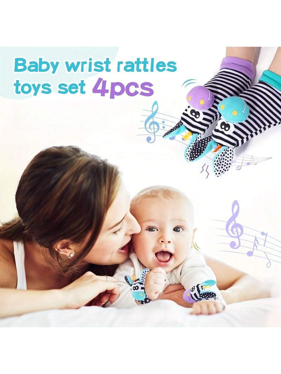 4pcs Baby Wrist Rattle and Foot Finder Toy Set Sensory Teething Toys for Infants Early Learning Gift