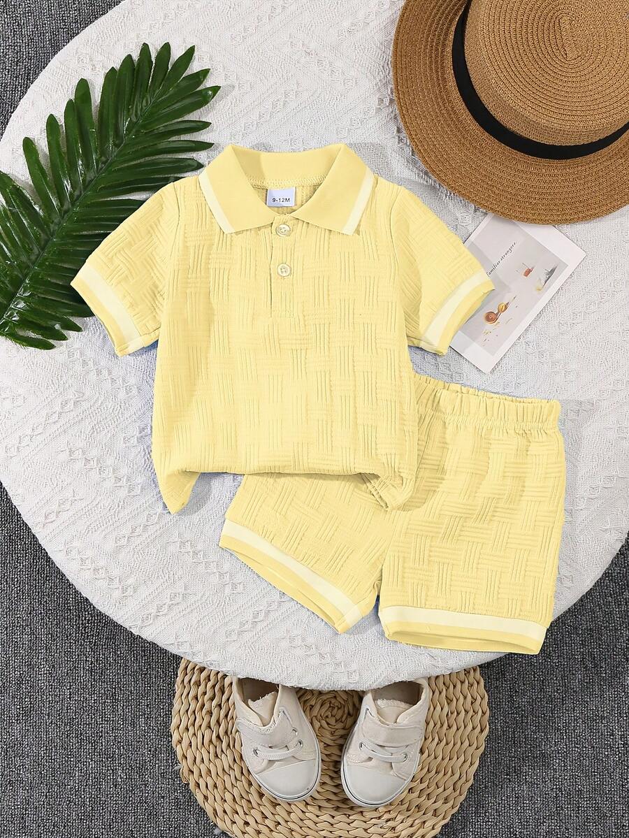 Stylish Baby Boy Solid Color Jacquard Top and Matching Shorts Summer Set