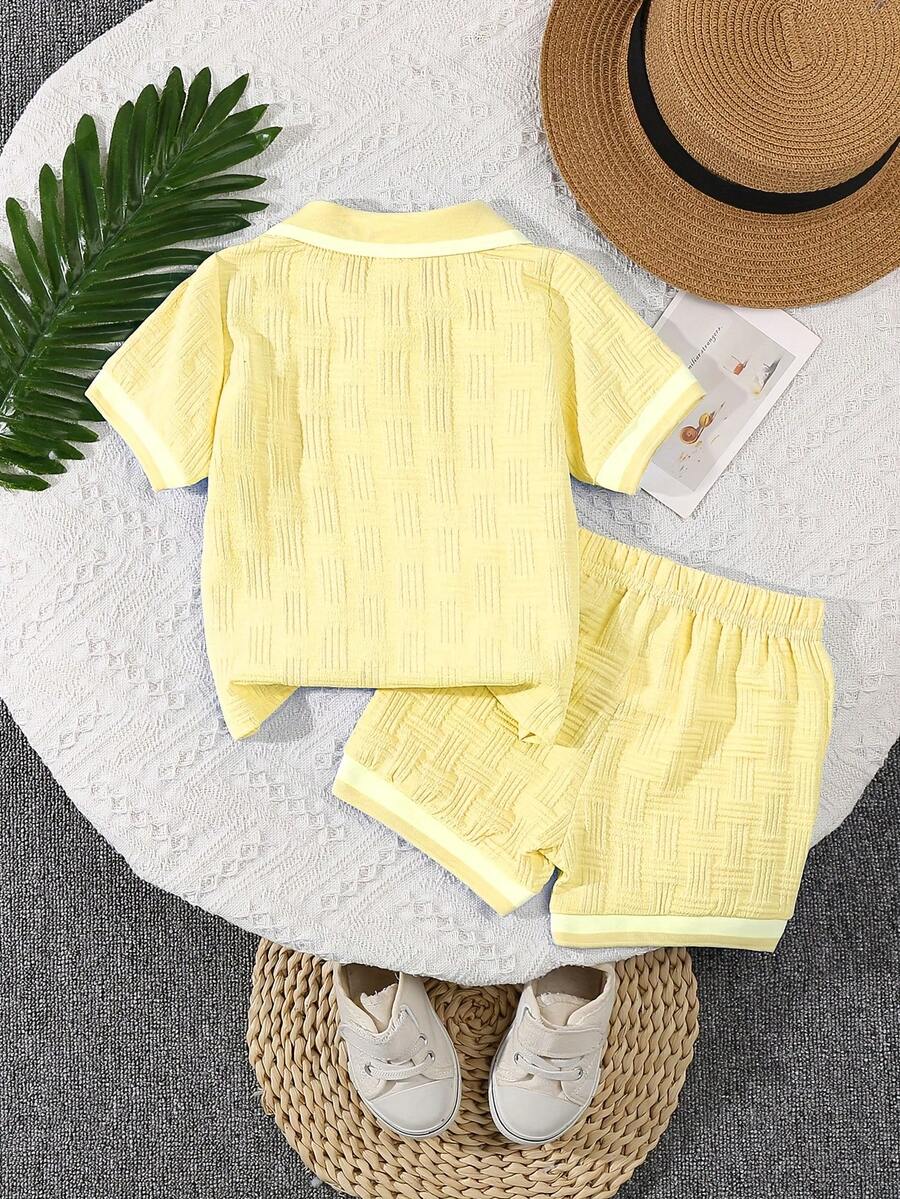 Stylish Baby Boy Solid Color Jacquard Top and Matching Shorts Summer Set