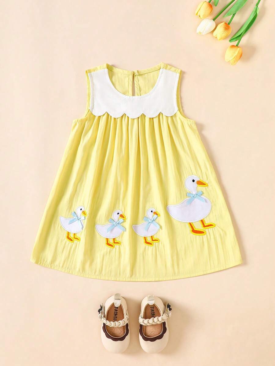 Sleeveless Long Dress with Embroidered Cartoon Duck for Toddler Girls