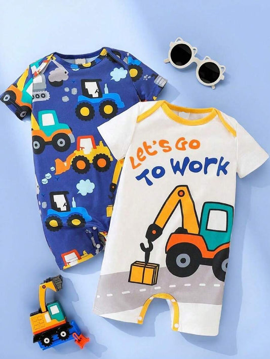 Toddler Boy Construction Machinery Print Short Sleeve Romper 2 Piece Casual Spring Summer Outfit Set
