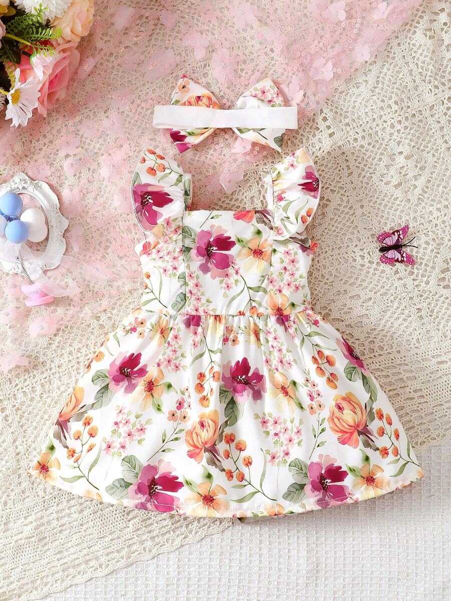 2PCS Baby Watercolor Floral Dress and Hairband Set for Cute Summer Outings