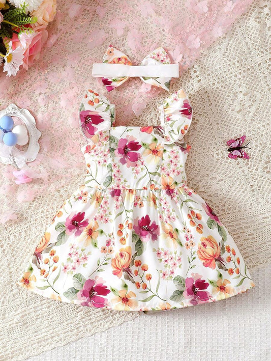 2PCS Baby Watercolor Floral Dress and Hairband Set for Cute Summer Outings