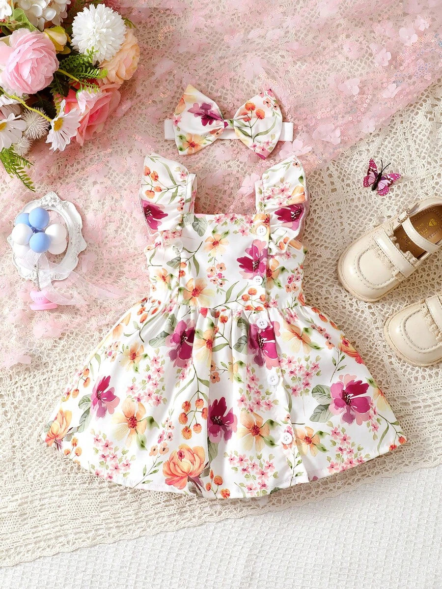 2PCS Baby Watercolor Floral Dress and Hairband Set for Cute Summer Outings