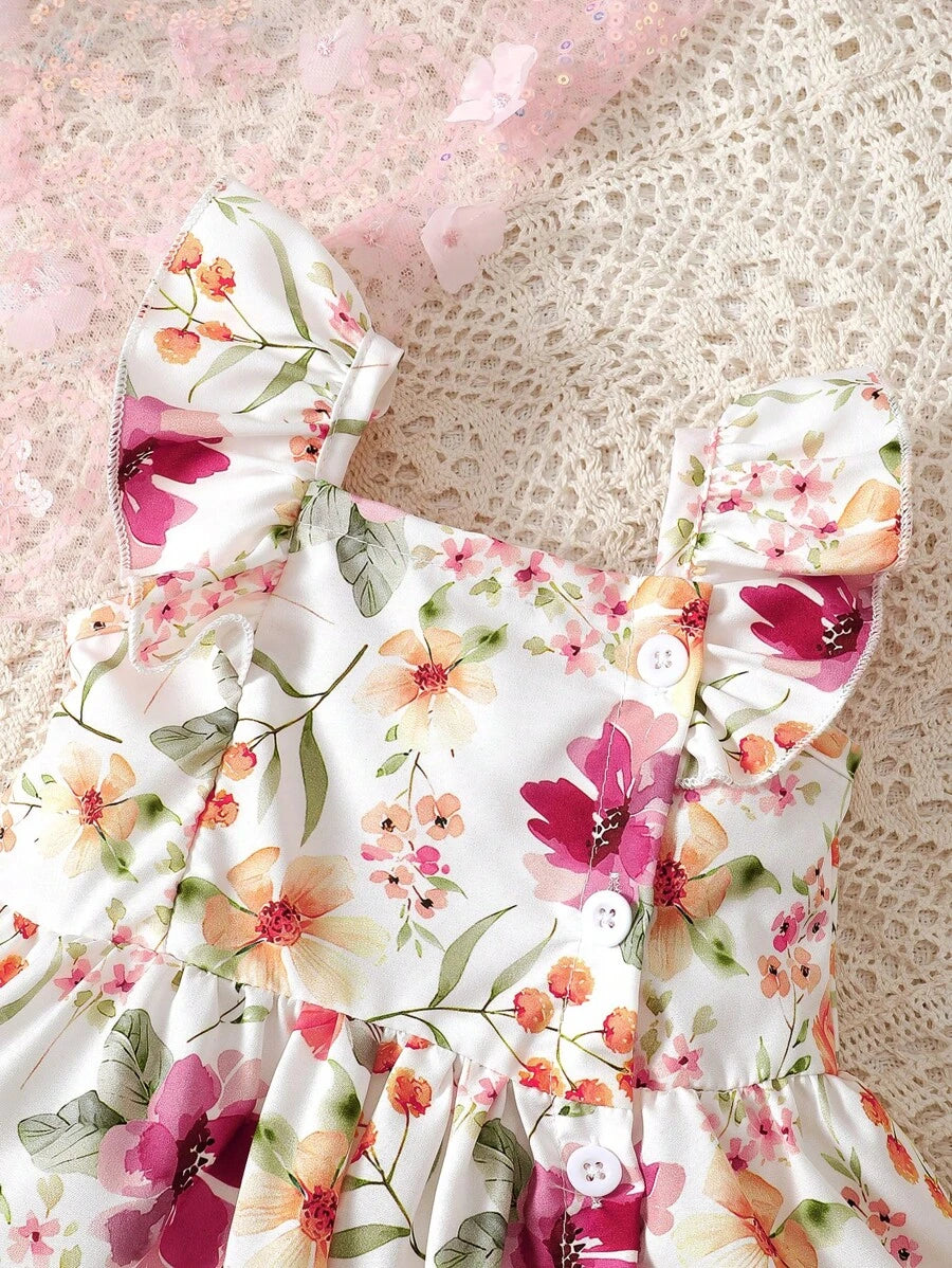 2PCS Baby Watercolor Floral Dress and Hairband Set for Cute Summer Outings