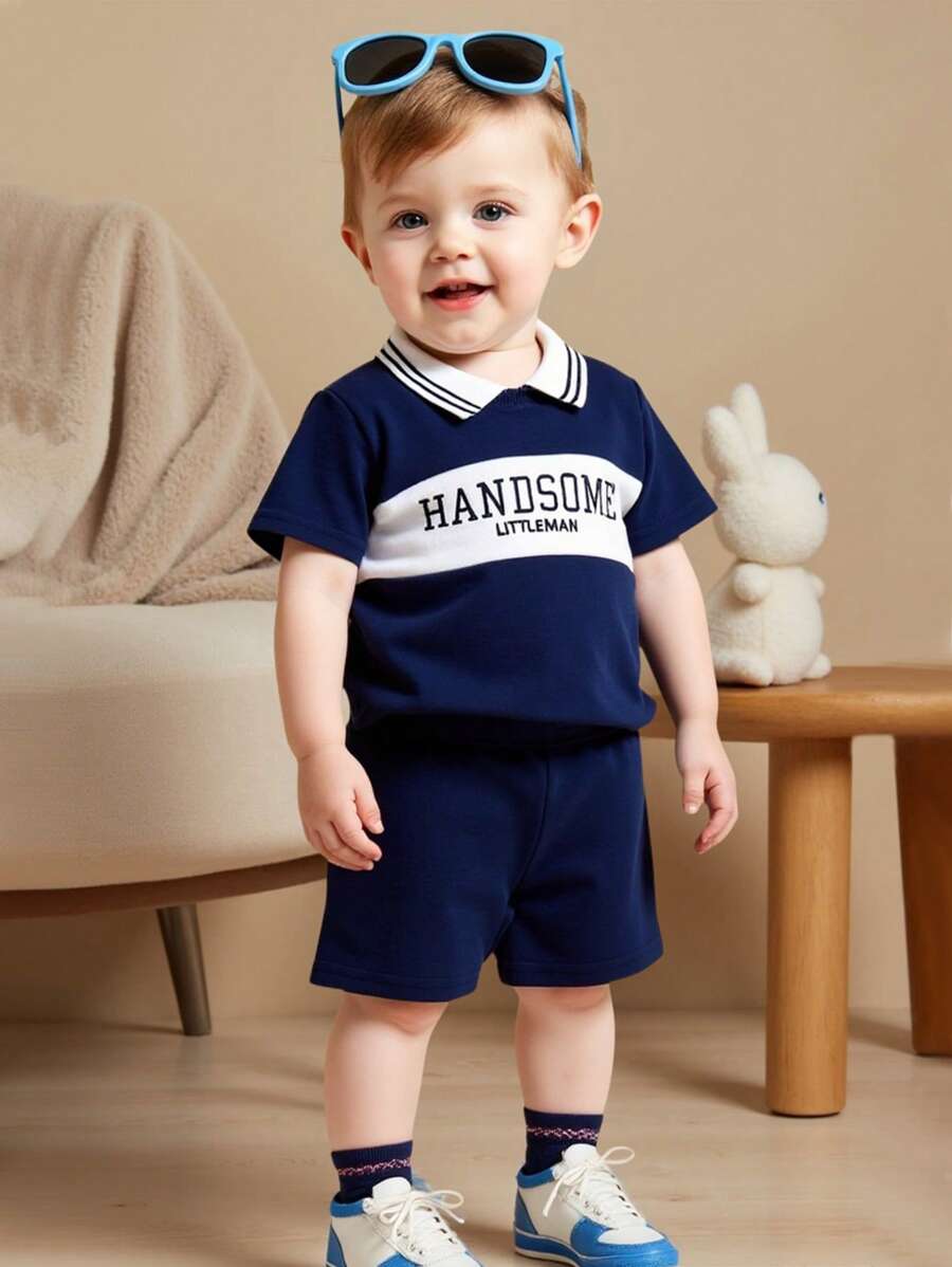 Playful Pals Baby Boy Letter Embroidery Polo and Shorts for Daily Wear