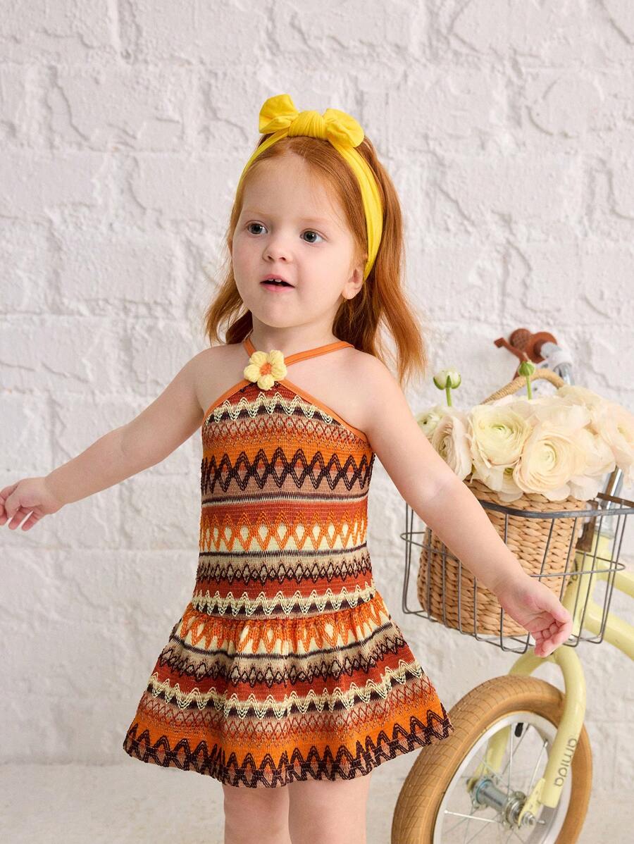 Striped Halter Dress With 3D Flower Detail Comfortable Summer Wear For Little Girls