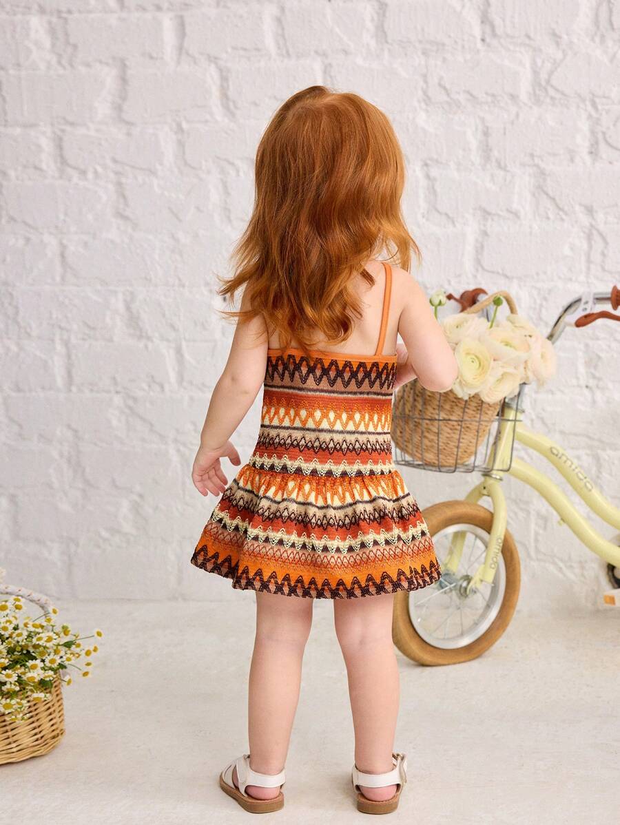 Striped Halter Dress With 3D Flower Detail Comfortable Summer Wear For Little Girls