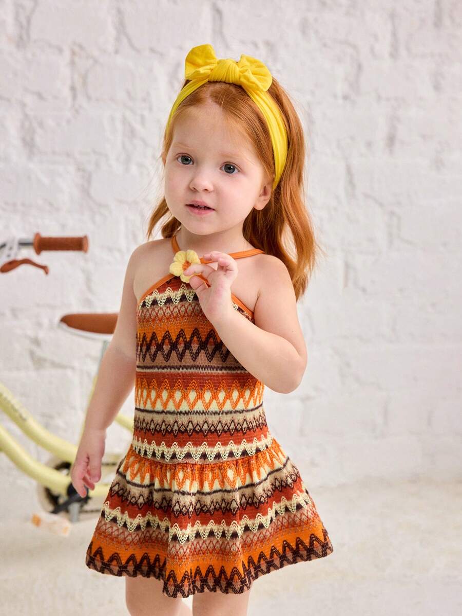 Striped Halter Dress With 3D Flower Detail Comfortable Summer Wear For Little Girls