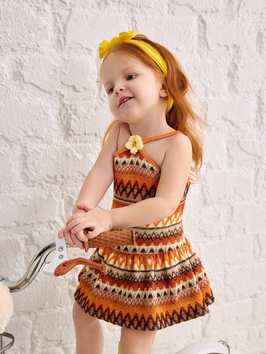 Striped Halter Dress With 3D Flower Detail Comfortable Summer Wear For Little Girls