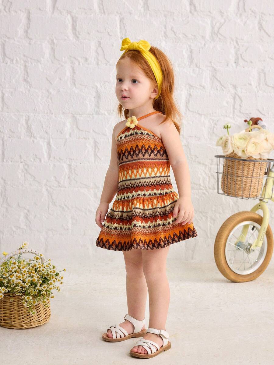 Striped Halter Dress With 3D Flower Detail Comfortable Summer Wear For Little Girls