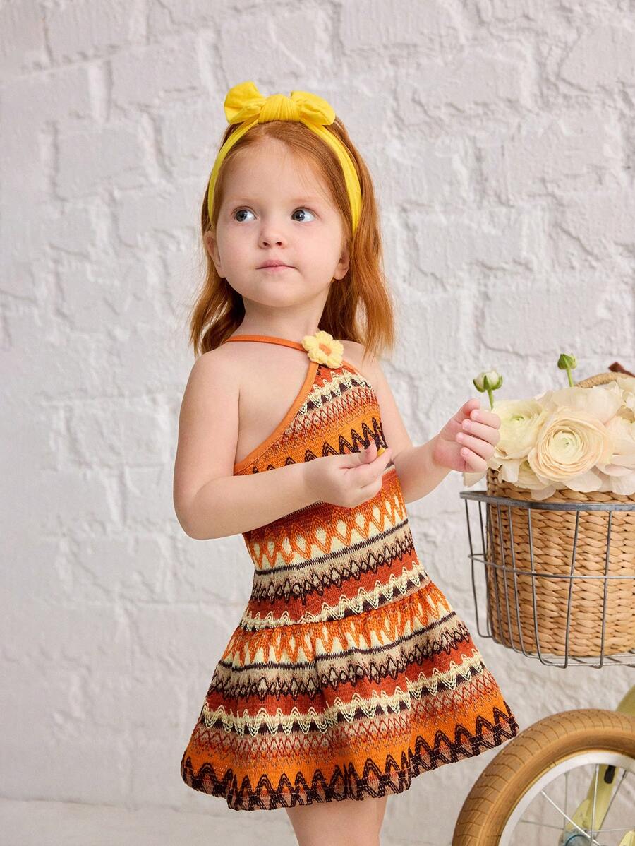 Striped Halter Dress With 3D Flower Detail Comfortable Summer Wear For Little Girls