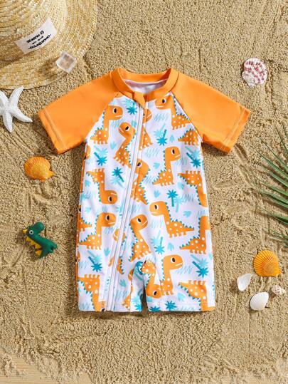 Baby Dinosaur Print Zipper One-Piece Swimsuit for Summer Beach and Pool Days