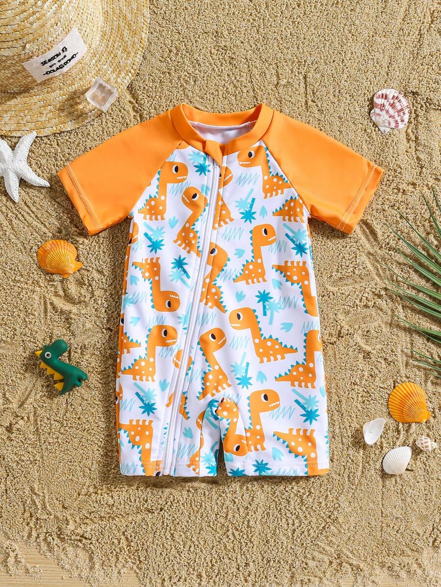 Baby Dinosaur Print Zipper One-Piece Swimsuit for Summer Beach and Pool Days