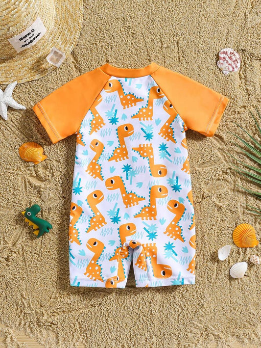 Baby Dinosaur Print Zipper One-Piece Swimsuit for Summer Beach and Pool Days