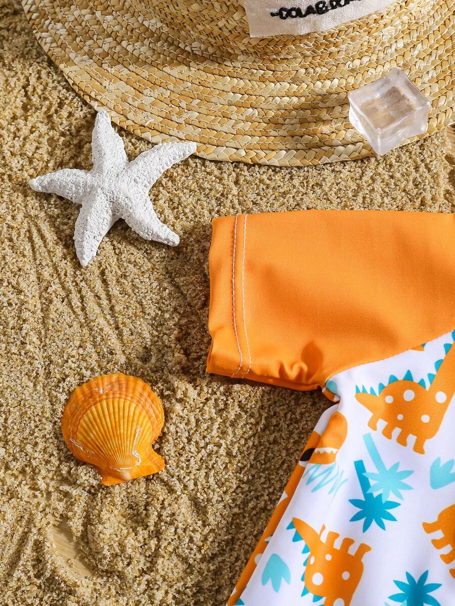 Baby Dinosaur Print Zipper One-Piece Swimsuit for Summer Beach and Pool Days