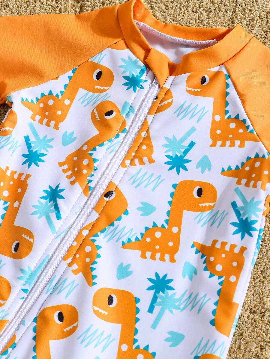 Baby Dinosaur Print Zipper One-Piece Swimsuit for Summer Beach and Pool Days