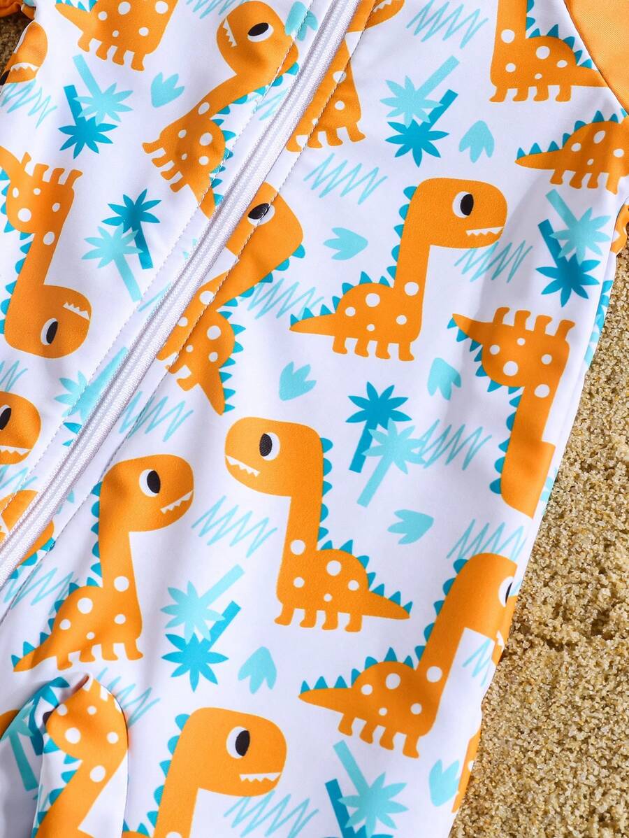 Baby Dinosaur Print Zipper One-Piece Swimsuit for Summer Beach and Pool Days