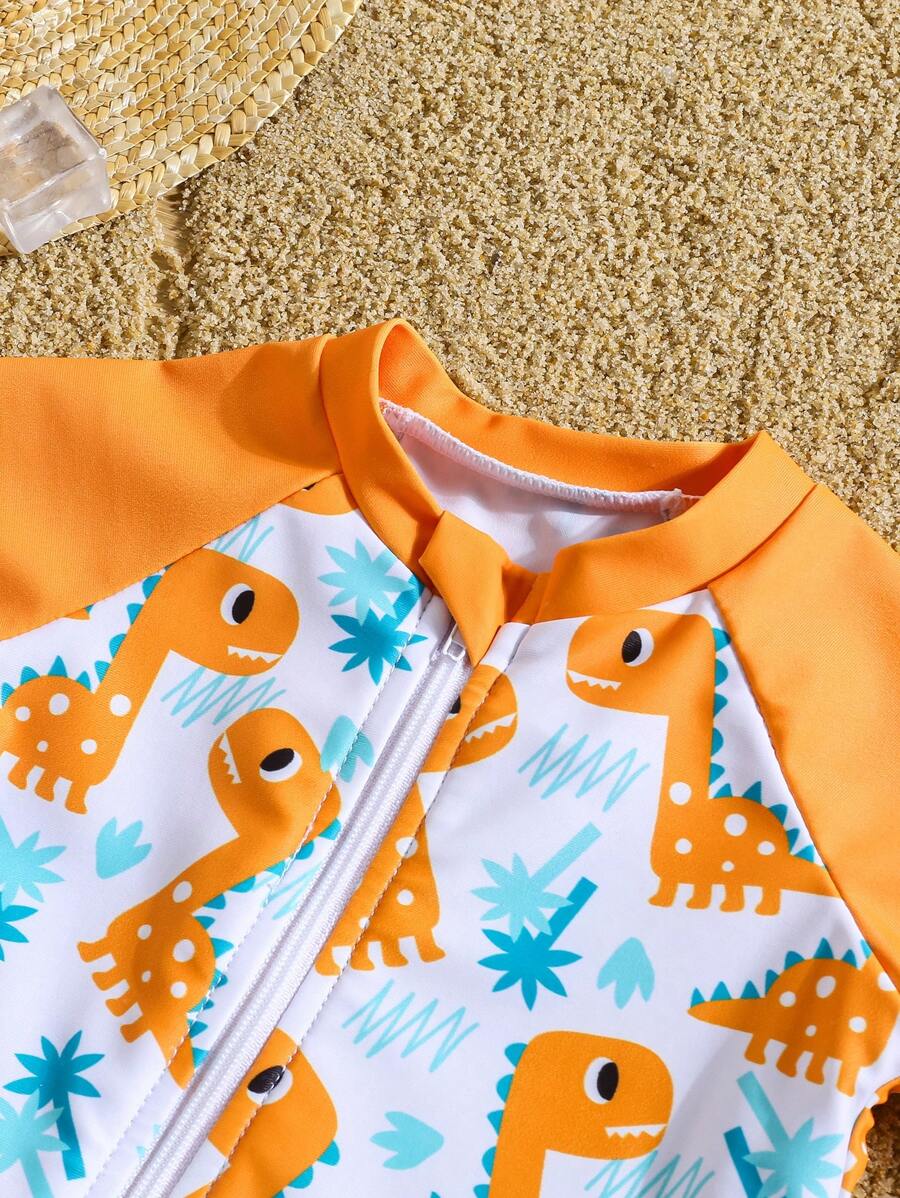 Baby Dinosaur Print Zipper One-Piece Swimsuit for Summer Beach and Pool Days