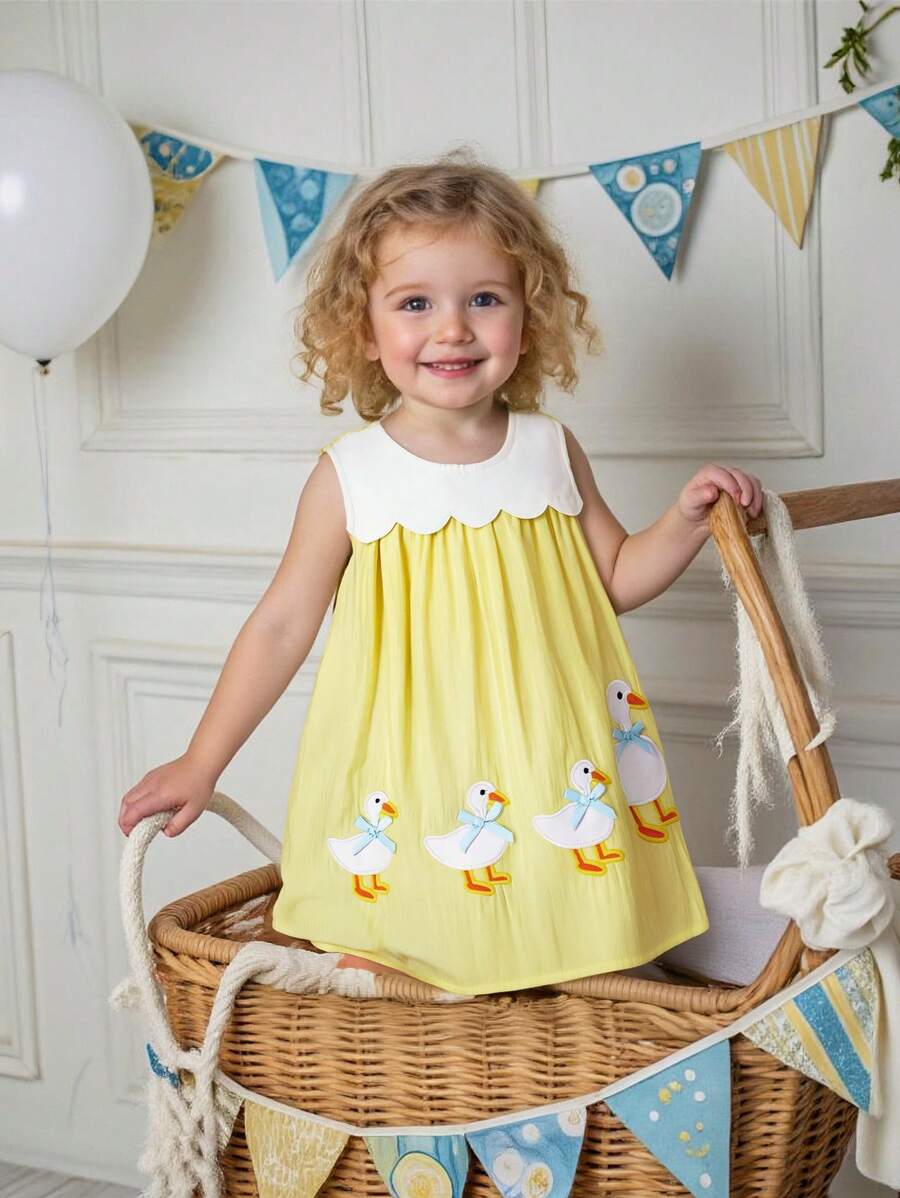 Sleeveless Long Dress with Embroidered Cartoon Duck for Toddler Girls