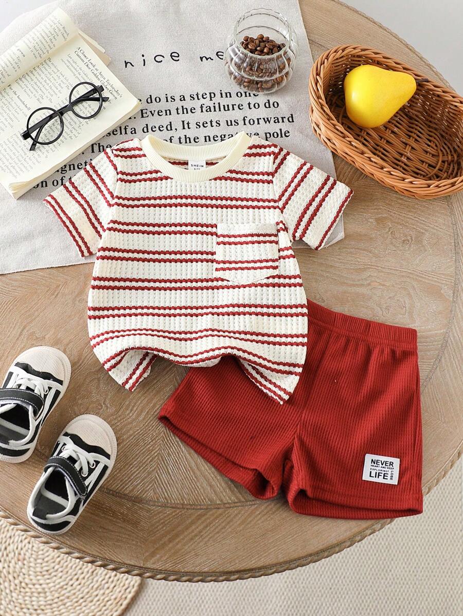 Infant Toddler Boys' Summer Outfit: Striped Waffle Tee and Letter Patch Shorts
